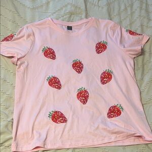 NEW Strawberry Print T Shirt Light Pink Short Sleeve